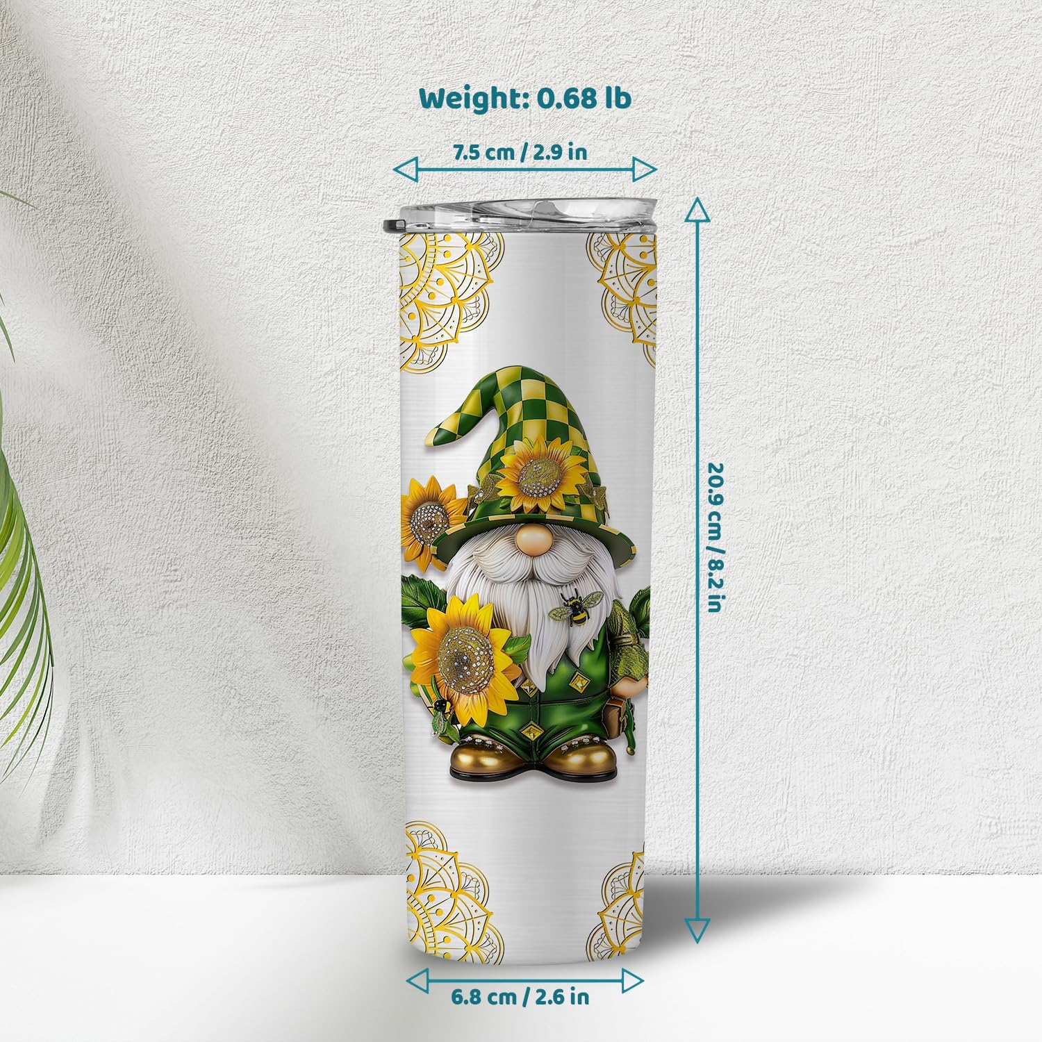 Hyturtle Personalized 2D Flat Gnome 20oz Skinny Tumbler With Lid Birthday Christmas Cups Gifts For Her Girl Mothers - Sunflower Bee Mandala Gnome Custom Name 20oz Stainless Steel Skinny Tumbler