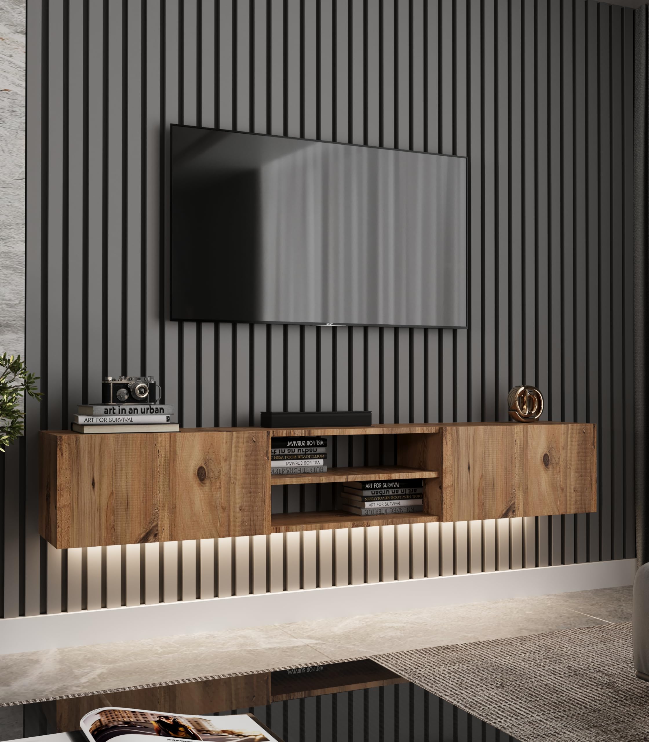 Volar TV Ünitesi Işıklı, Atlantik Çam, 180 cm, Modern