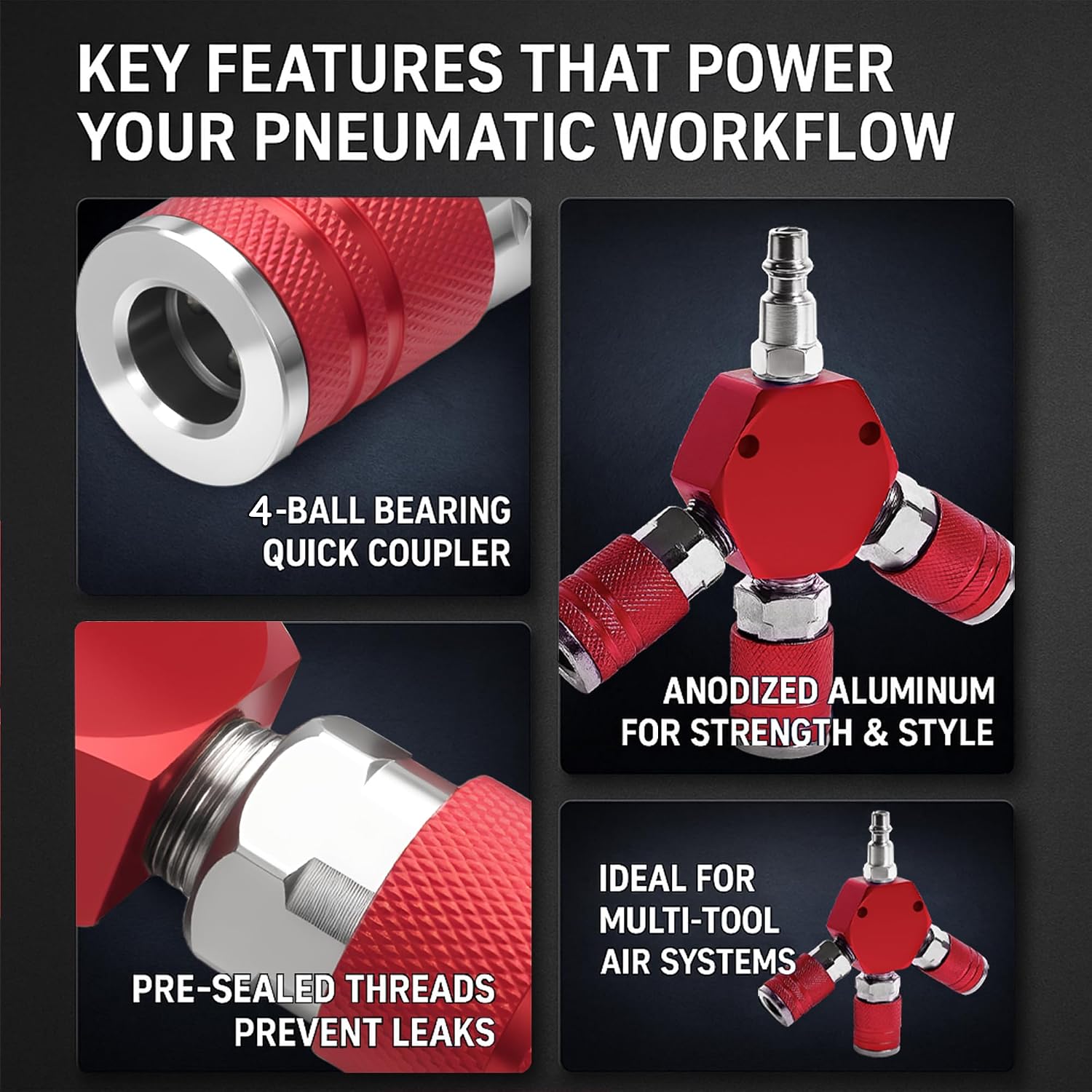 3-Way Air Hose Splitter Manifold with 1/4" Quick Connect Couplers and Plug, Aluminum Air Line Distribution Block for Compressor Tools, 175 PSI Max， Red
