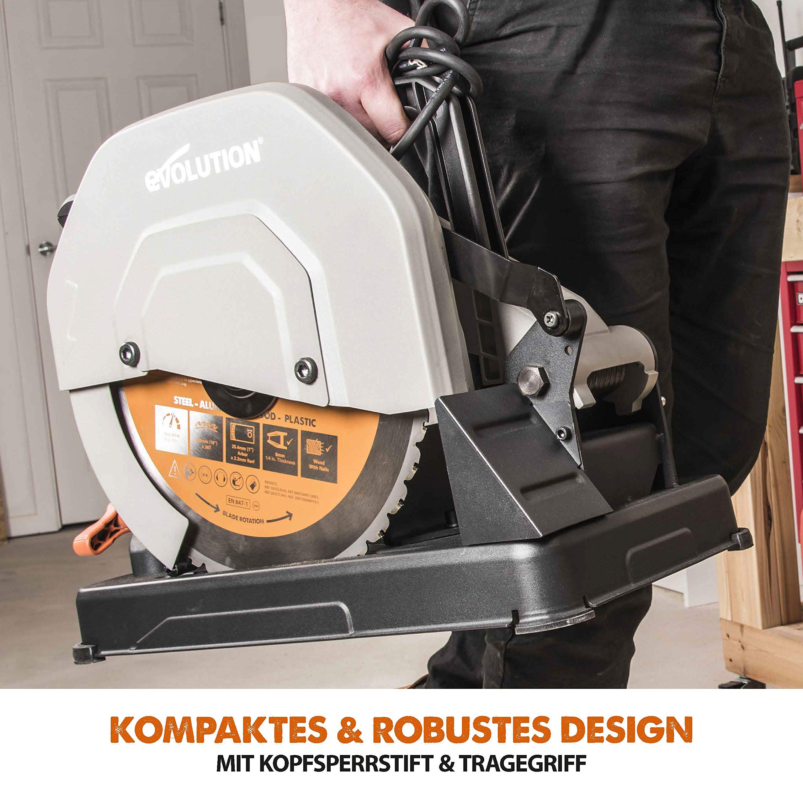 Evolution R355CPS Cut-off Saw Compound Mitre Saw 2200 W | Includes Ø 355 mm HM Saw Blade Multi-Material Cutting Wood, Aluminium, Steel, Plastic | Cutting Capacity of 120 x 120 mm | 0-45˚ Mitre Angle