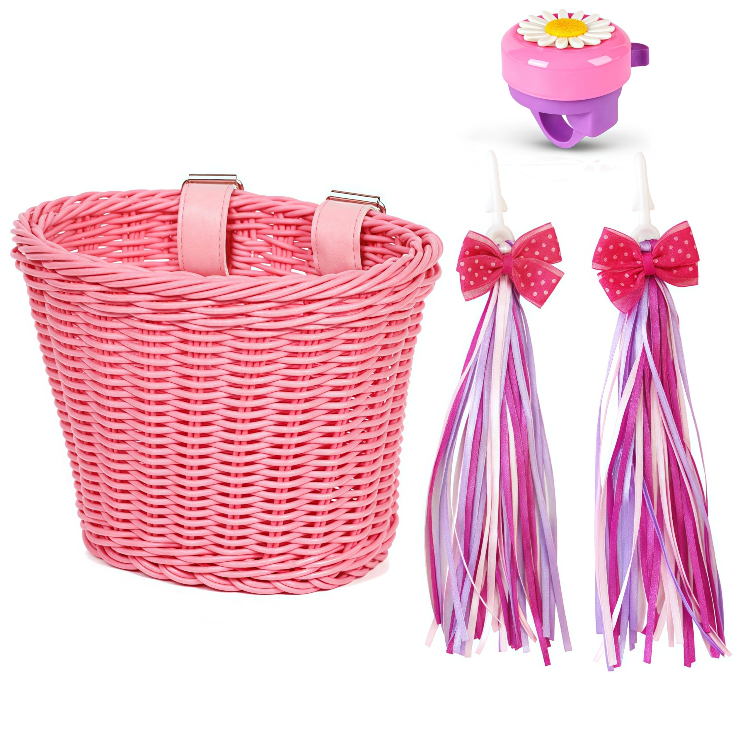 Kids Bike Basket,Children's Bicycle Basket,Handwoven Cycle Basket,Bike Handle Bowknot Streamers and Bell,Bike Decoration Accessories Kit for Girls Boy,Easy Install Detachable (Pink)
