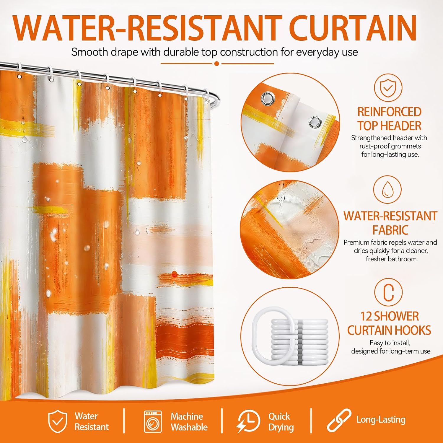 Orange Abstract Shower Curtain Set with Rugs, 4 Piece Bathroom Set with Shower Curtain and Rugs, 72 x 72 Inch Modern Shower Curtain, Bath Mat, U Shaped Rug, Toilet Lid Cover, Hooks for Bathroom Decor