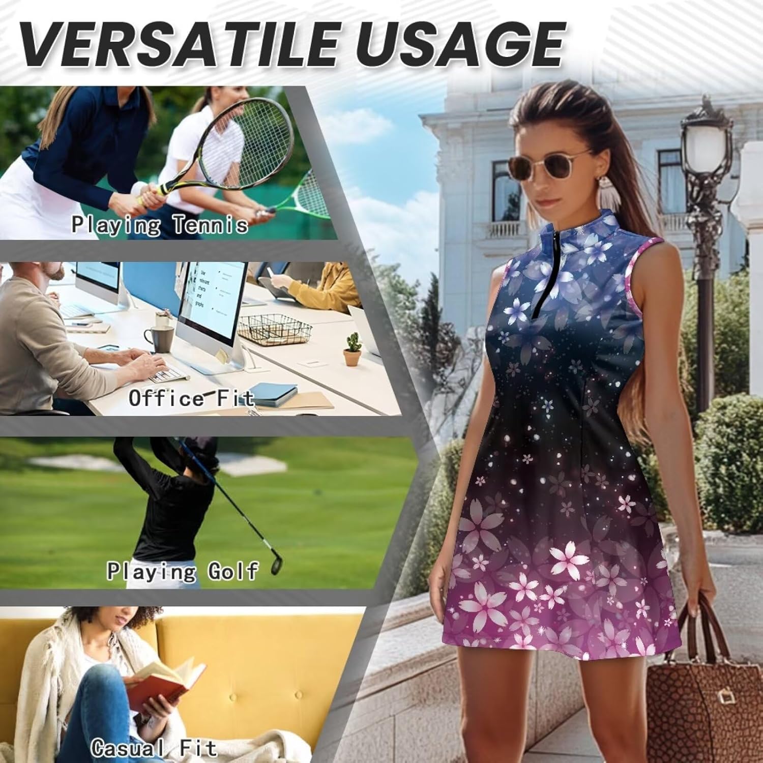 Cherry Blossom Tennis Dress for Women Sleeveless Golf Dresses Built in Shorts Quick Dry Zip Up Stand Collar Golf Outfits Athletic Clothes