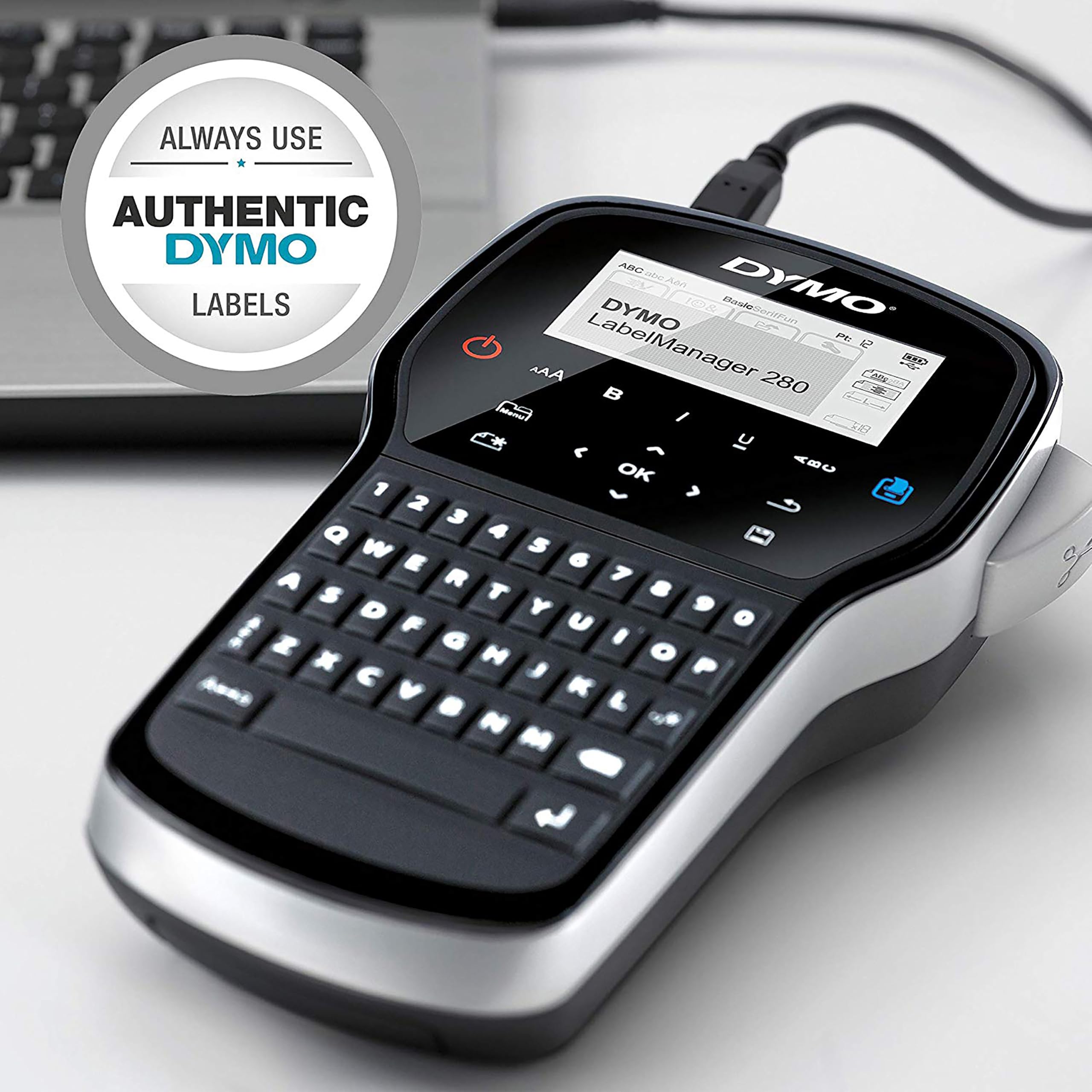 DYMO LabelManager 280 Tragbares Beschriftungsgerät im Koffer | Wiederaufladbares Etikettiergerät mit QWERTZ Tastatur | mit PC- oder Mac-Schnittstelle | für D1 Etiketten in 6, 9 und 12mm Breite