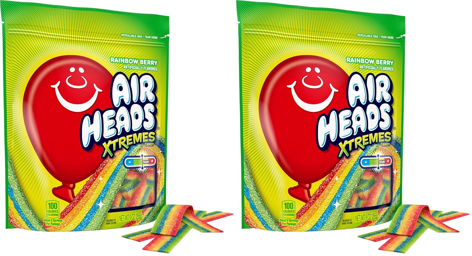 Airheads Xtremes Belts Candy, Rainbow Berry Fruit Flavor, 9 Ounce Bag (Pack of 2)