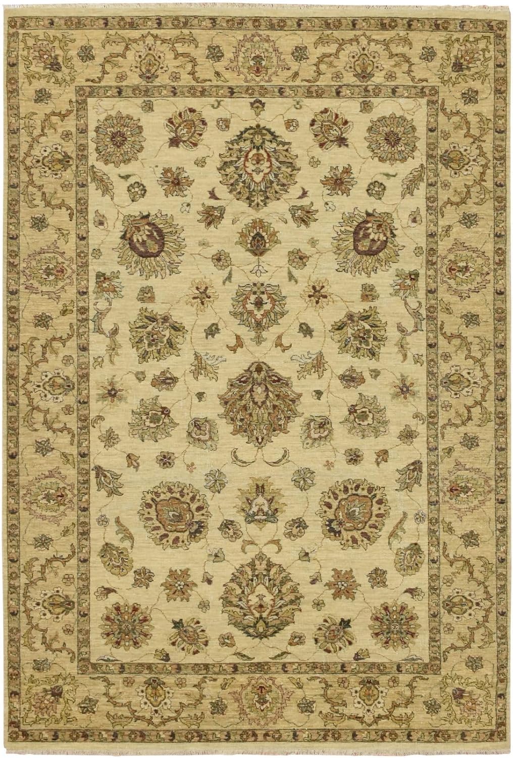 Hand Knotted Agra Ziegler Design Oriental Rug, Beige, Pure Wool, 5'6"x8', Colorful Leaf Pattern