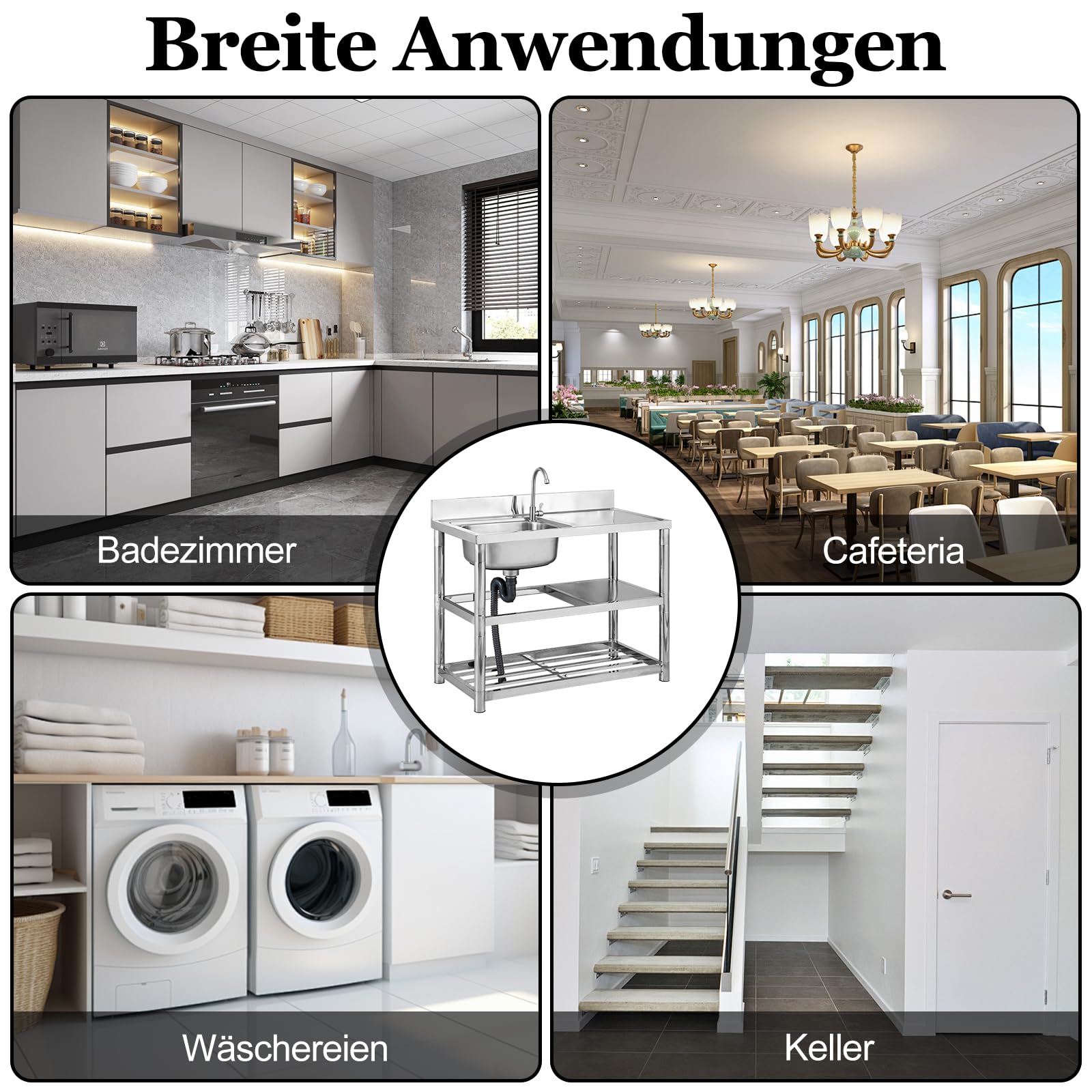 Évier sur pied en acier inoxydable avec 1 bac (gauche) 80 x 50 x 80 cm - Évier commercial avec conduite d'eau chaude et froide - Robinet et bonde - Pour extérieur, intérieur, cuisine, salle à