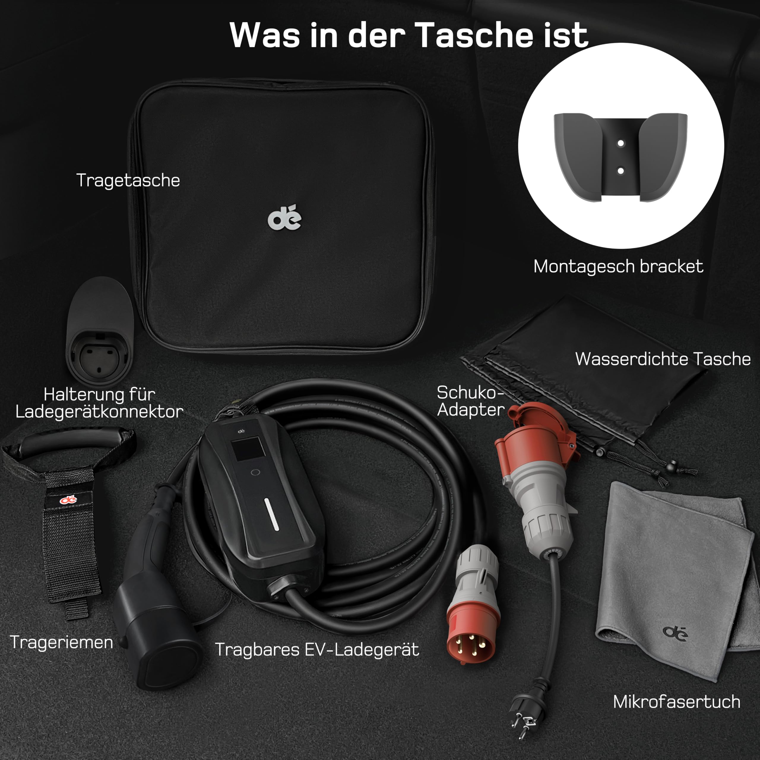 dé Mobile Wallbox/Ladestation 11kW [3-phasig|7m|6-16A] mit Einstellbarer Ladeleistung, Ladekabel CEE 16A auf Typ 2 und EV Ladegerät für Model Y/3, ID.3/4/5, MG4, EX30, e-up, e-tron, Zoe und andere EV