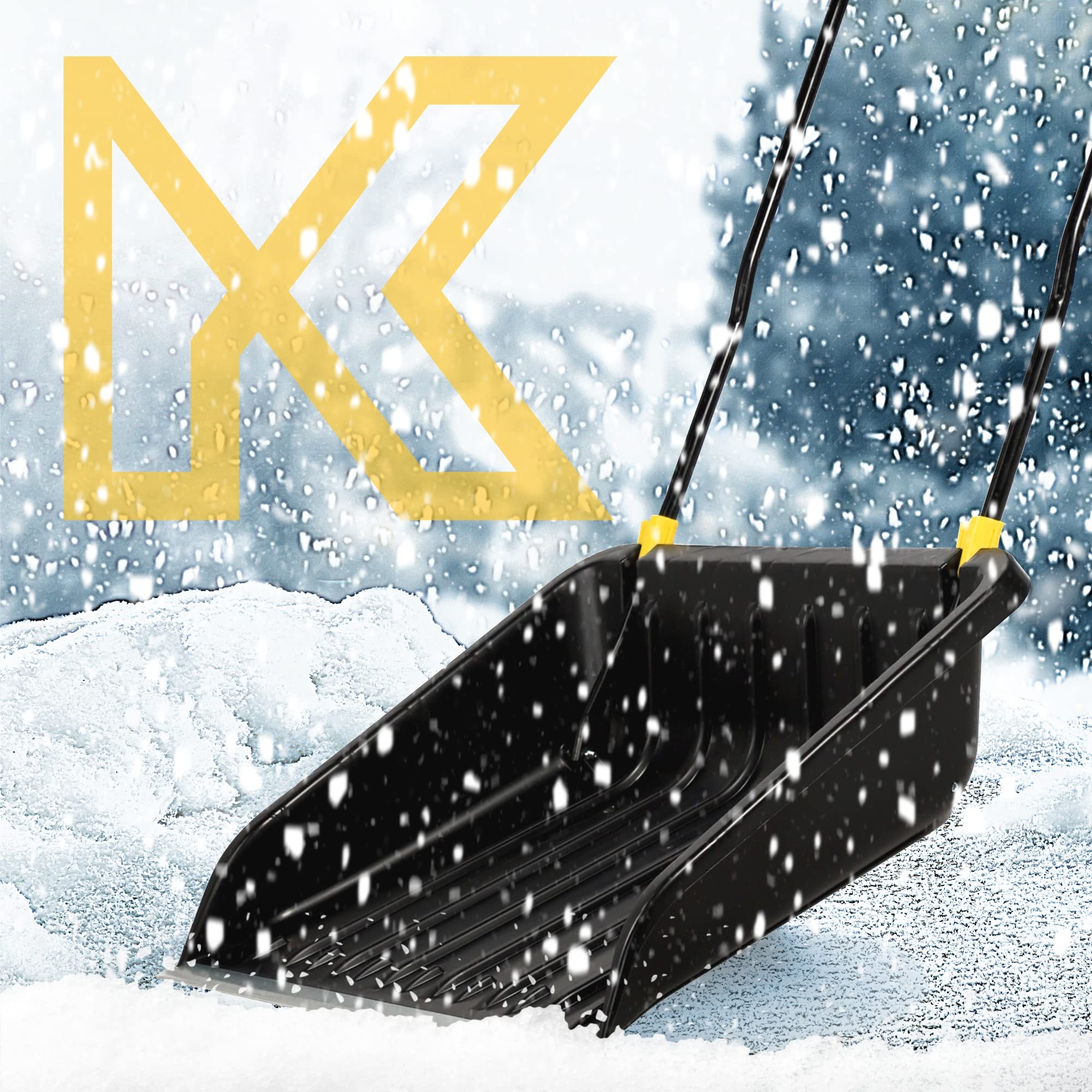 KADAX Pelle à Neige en Plastique dotée d'une Ferrure en Aluminium, Outil de Déneigement Robuste et Efficace avec Manche en Métal, Traîneau à Neige (Noir)