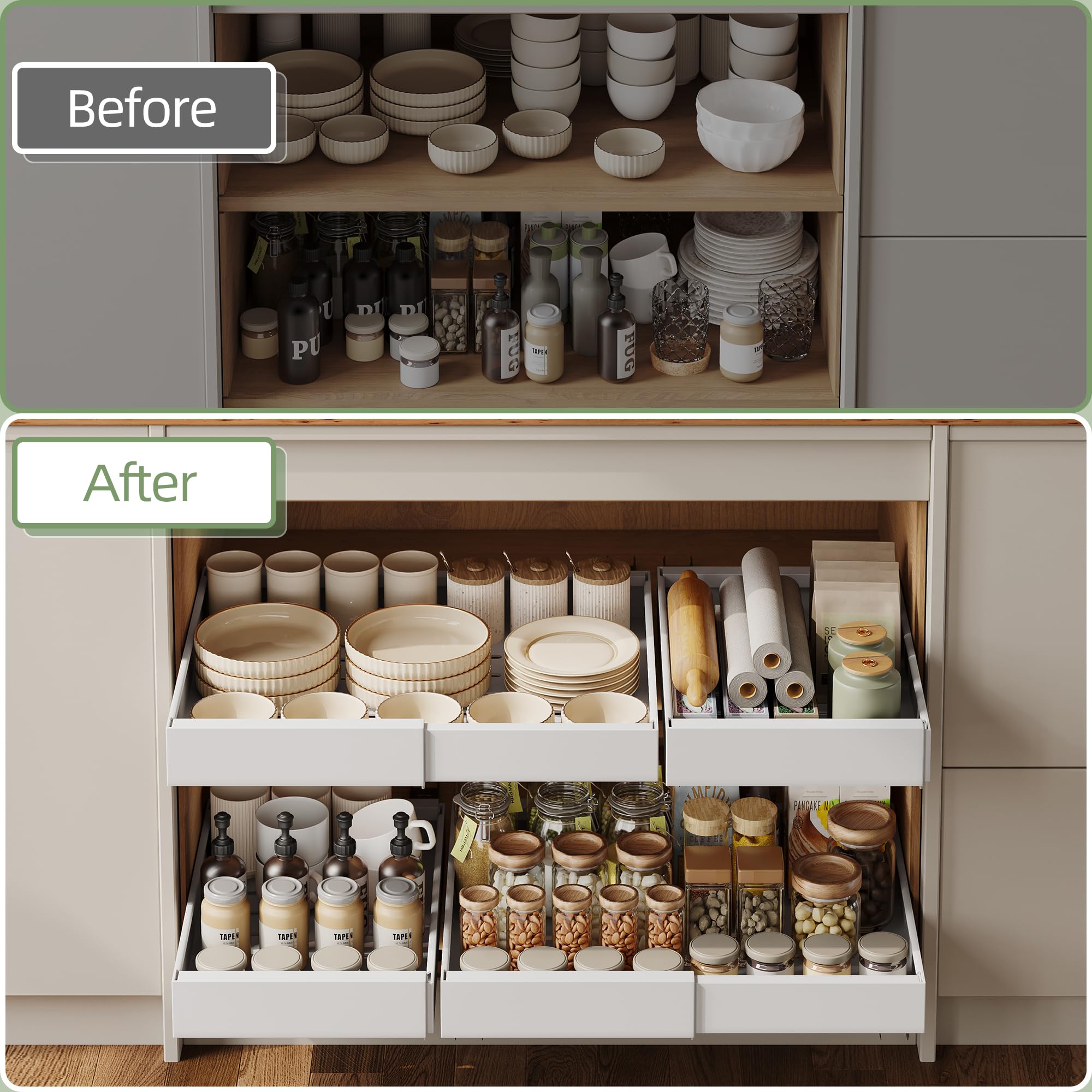 LEIKOSUP Pull Out Cabinet Organizer, Expandable Slide Out Drawers Fixed With Adhesive Nano For Kitchen Cabinets,Pantry and Bathroom Storage, Adjust Width to 12.2