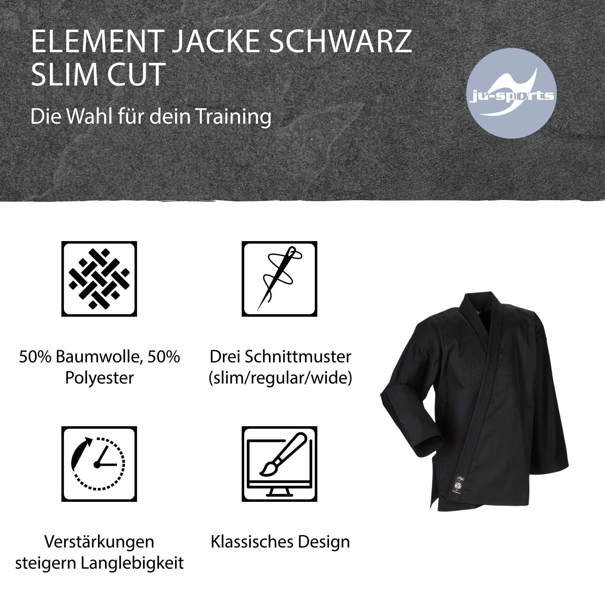 Ju-Sports Element Jacke schwarz slim cut I Judoanzug Jacke Kinder & für Erwachsene I Judogi Jacke aus langlebigem Mischgewebe I Doppelt verstärkter Schulter- & Brustbereich