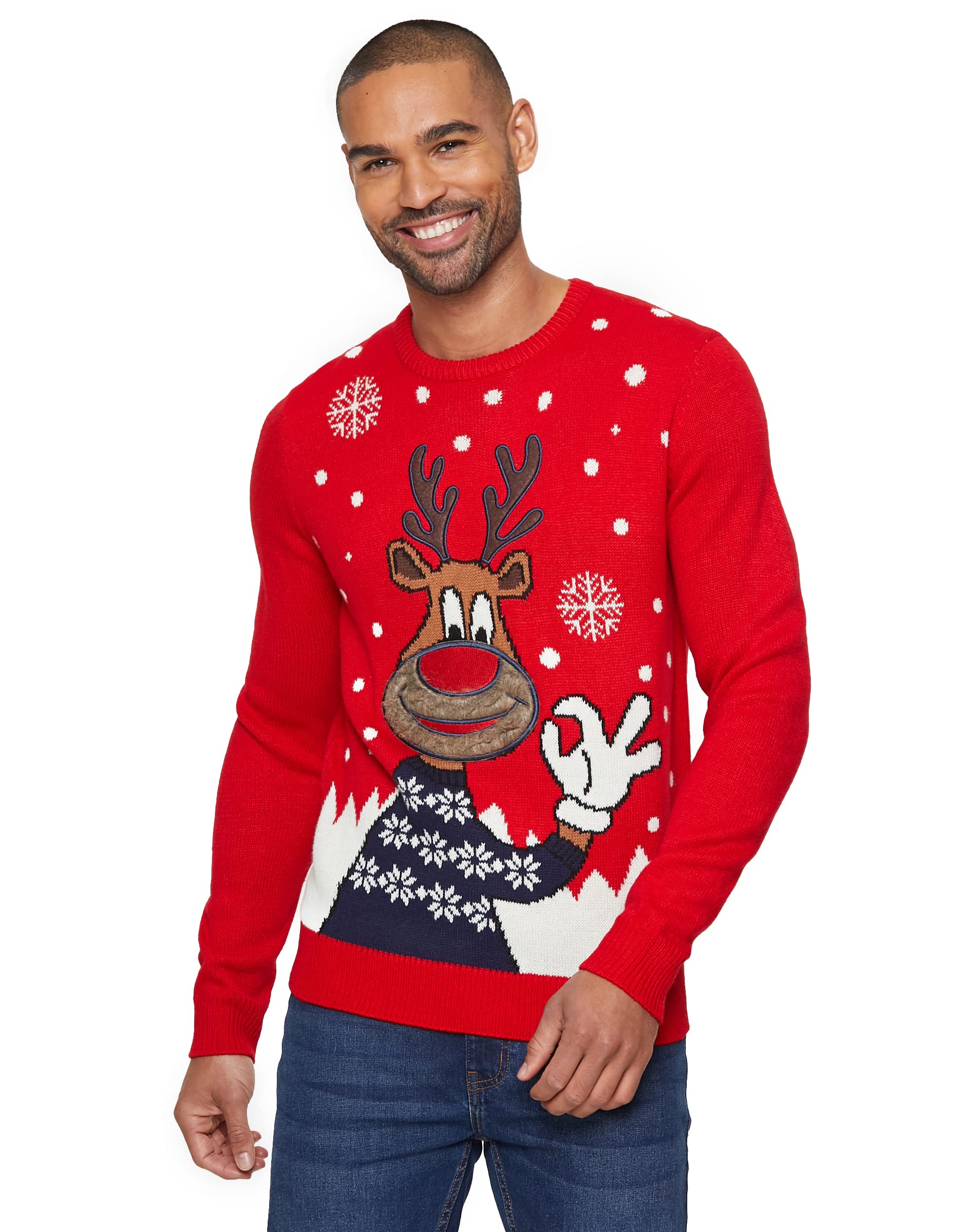 Mymixtrendz Men's Ok Moose Red Knitted Xmas Rudolf Reindeer Snowflake Festive Deer Bambi Christmas Jumper