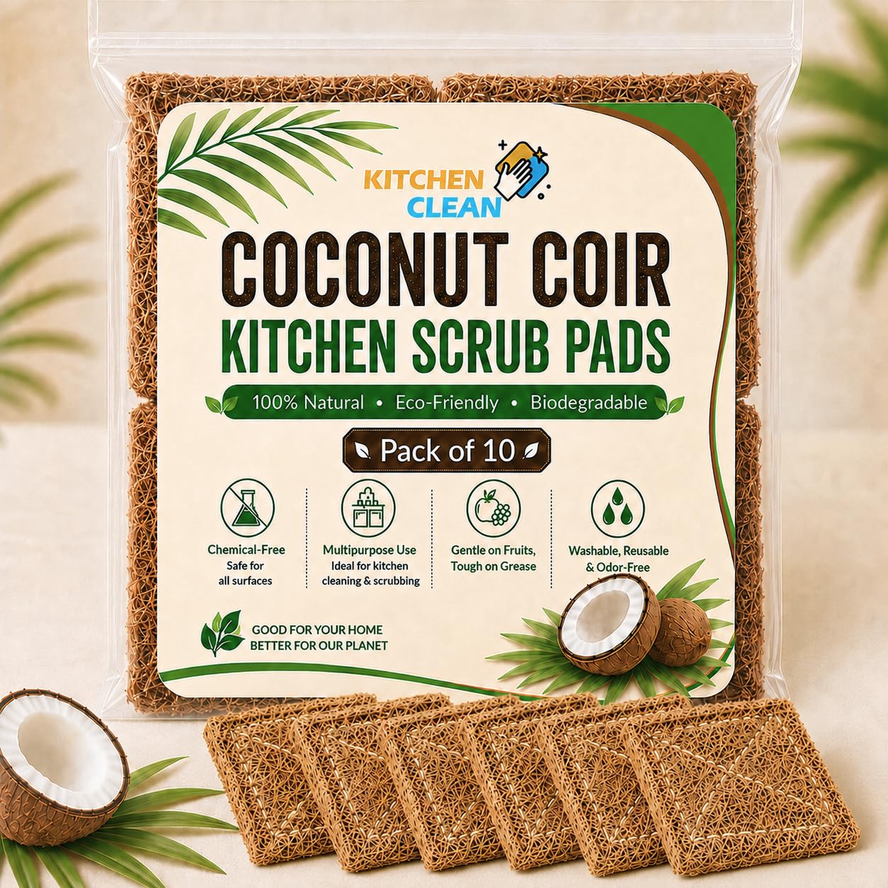 Kitchen Clean 10 Pcs Small Nariyal Juna Scrub | Stitched for Long Lasting | Natural Chemical Free Coconut Nariyal Juna | Eco-Friendly Coco Scrub Cleaning pad (Brown, Small 3x4 inch, Pack of 10 Pcs)-picture-22