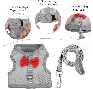 Adjustable Soft Harness with Elastic Leash Set, Bunny Rabbit Harness and Leash Set, Lightweight Escape-Proof Walking Gear, Cute Vest Leashes for Bunny Ferret Kitten Puppy Small Pets(Grey)