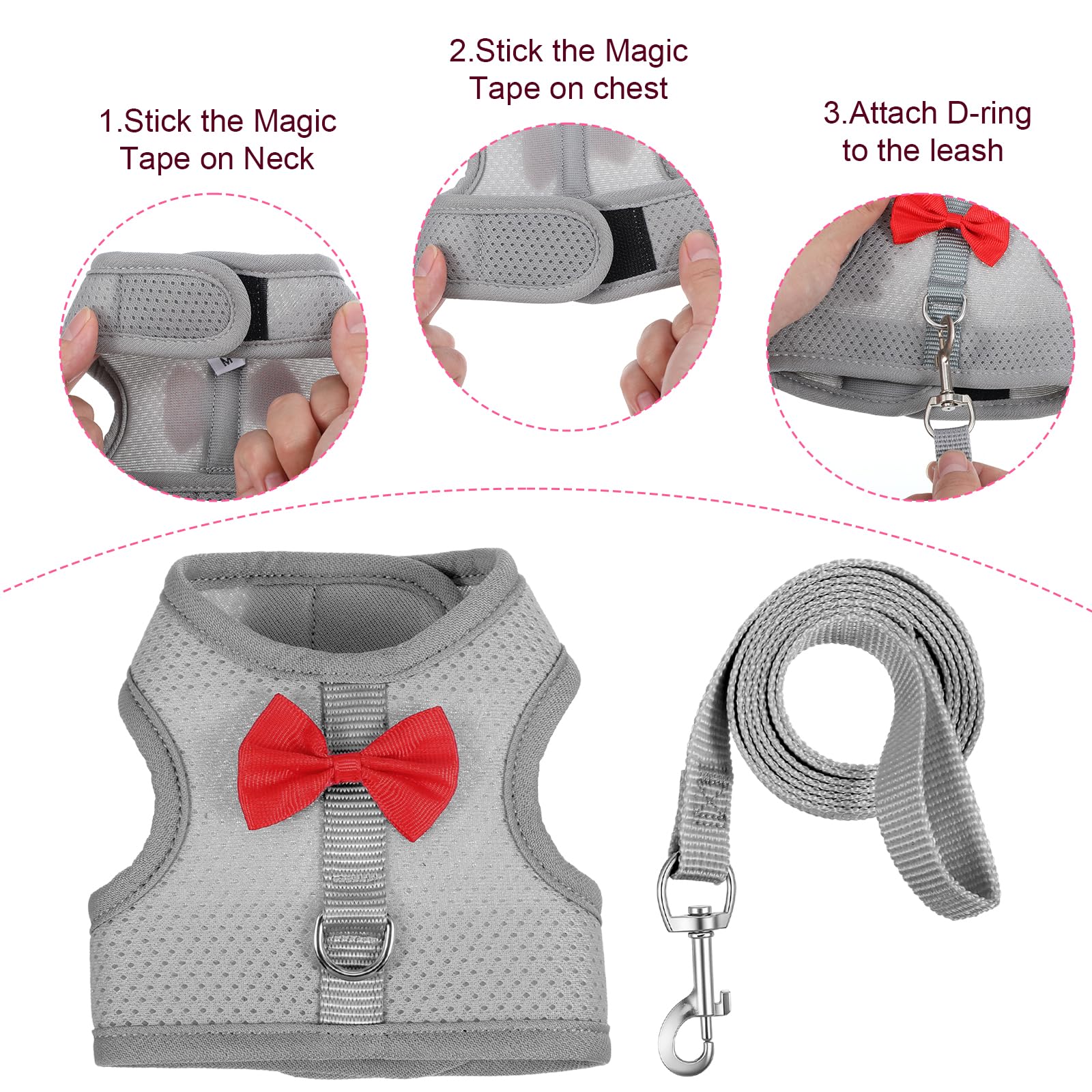 Harnais souple réglable avec laisse élastique pour lapin furet chaton chiot petits animaux gris