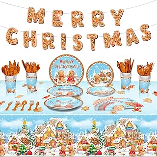 172 Pcs Gingerbread Christmas Party Supplies Serve 24 Guests Including Merry Christmas Banner Gingerbread Plates Cups Napkins Forks Spoons Knives for Holiday Gingerbread Man Party Decorations