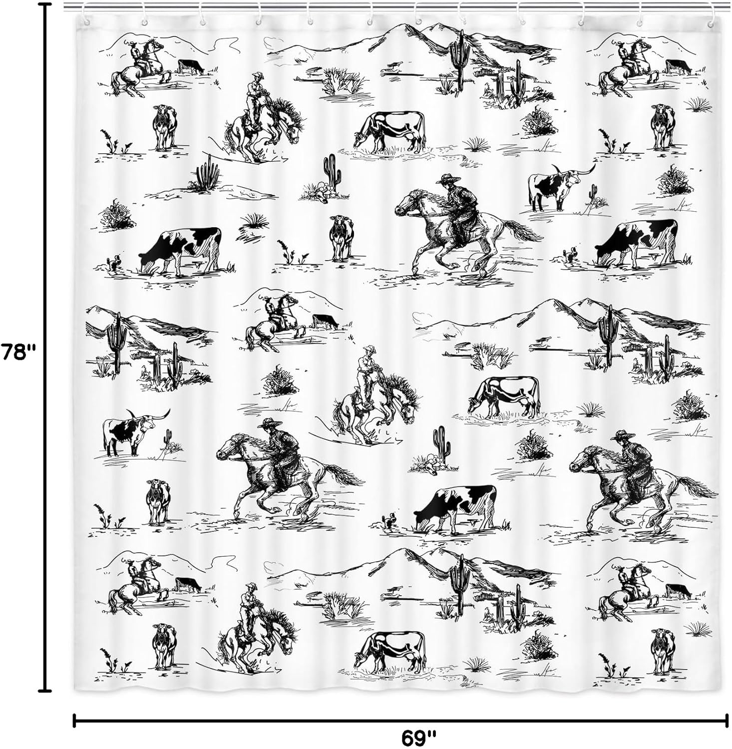 Western Cowboy Shower Curtain, Wild West Cowboy Ride Horse Desert Cactus Shower Curtain for Bathroom, Farmhouse Country American West Theme Fabric Decor Bath Curatain Set with Hooks, 69X78 Black