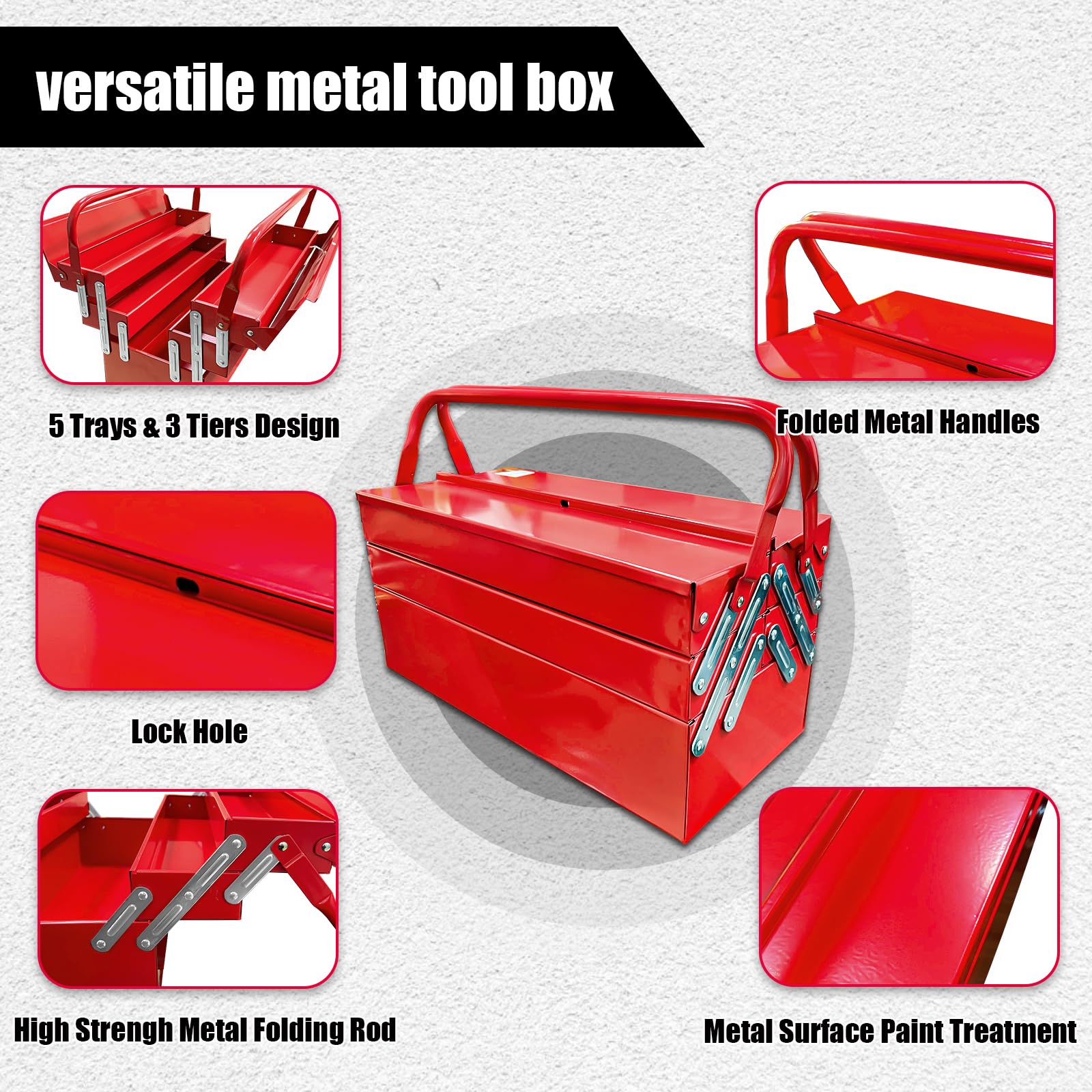YATOINTO Metal Cantilever Tool Box 18 Inch, 3 Layers 5 Tray Portable Fold Out Tool Box Organizer Storage for Home Studio Auto Repair Factory 18