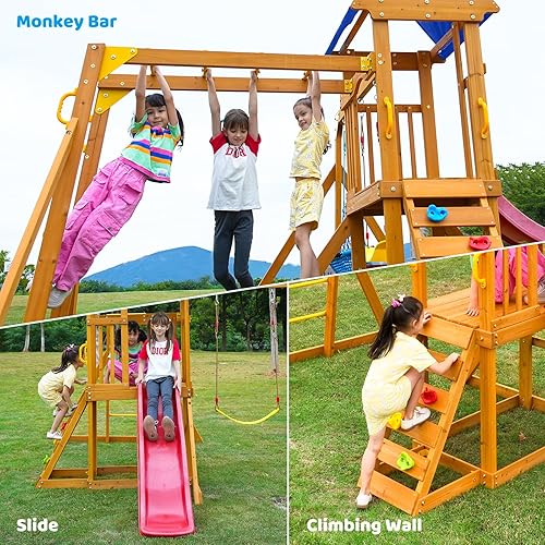 Miniatura 2 de Juego de columpios con barras de mono para patio trasero, juego de parque infantil de madera para niños de 3 a 6 años, juego al aire libre con