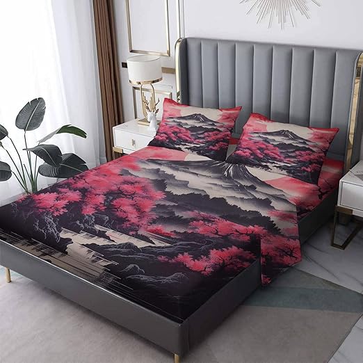 Zhrylliq Japanese Sheets Full Size Bed Set Cherry Blossom