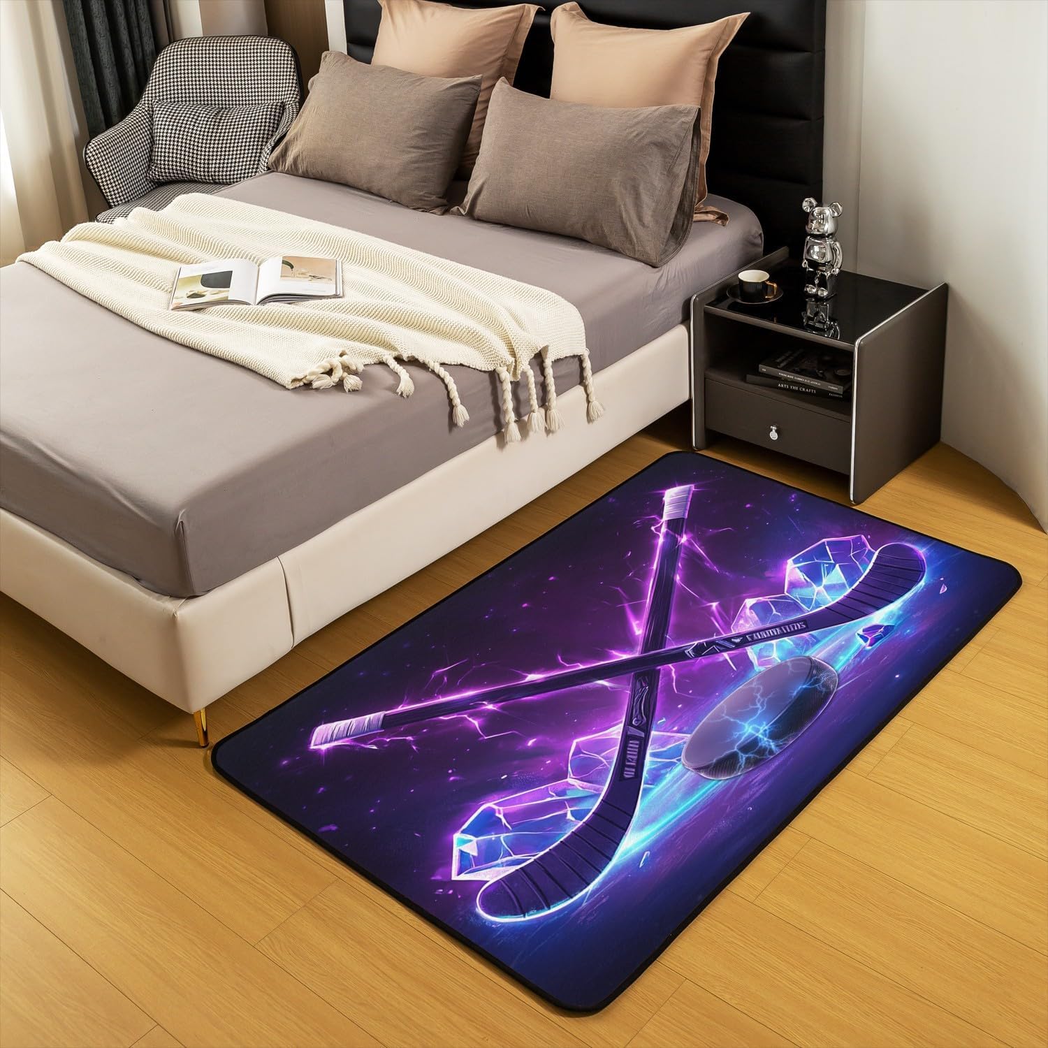Erosebridal 4'11" x 3'3" Ice Hockey Area Rug,Neon Hockey Bedroom Rug for Kids Boys Girls,Purple Flame Hockey Living Room Rug,Winter Sports Indoor Floor Mat Non Slip