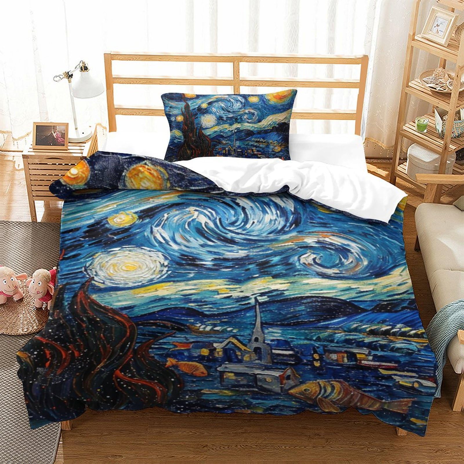 Housse de couette ciel nocturne 135x200 microfibre avec ses 2 taies d'oreiller pour lit simple