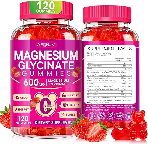 Gomitas de glicinato de magnesio de 600 mg, gomitas masticables de potasio y magnesio sin azúcar con glicinato de magnesio, vitamina D, B6 y CoQ10