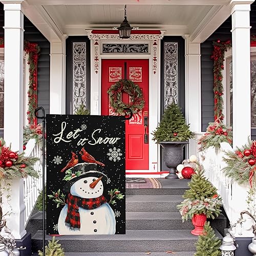 Miniatura 2 de Bandera de jardín de nieve de nieve, muñeco de nieve de invierno, bandera de patio de doble cara cardenal de pájaros, pancarta negra de feliz