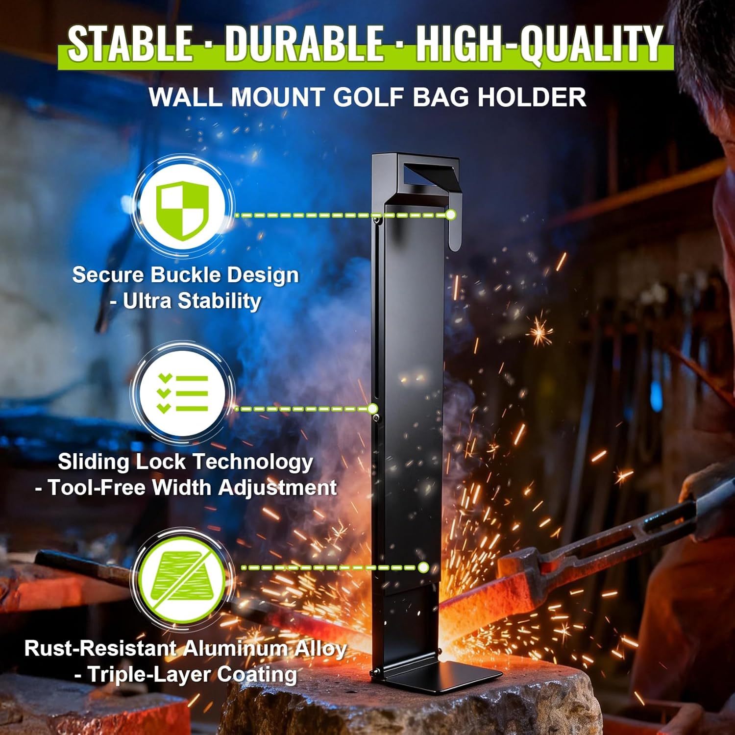 Wall Mount Golf Bag Holder, Adjustable 33.5–47.9 Inch, Heavy Duty Aluminum Alloy Golf Bag Storage Wall Mount, Rust-Resistant Garage Golf Bag Organizer, Black