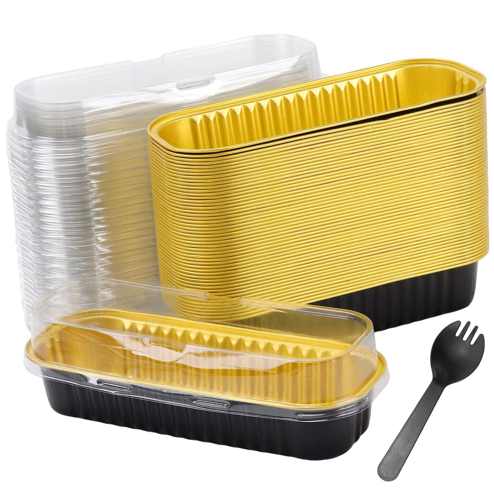 JEUIHAU 50 Pcs Mini Loaf Pans with Lids and Spoon, 200ml Mini Loaf Cake Cases Reusable Aluminum Foil Baking Pans for Bread Cake Wedding Picnic Birthday, Black Gold