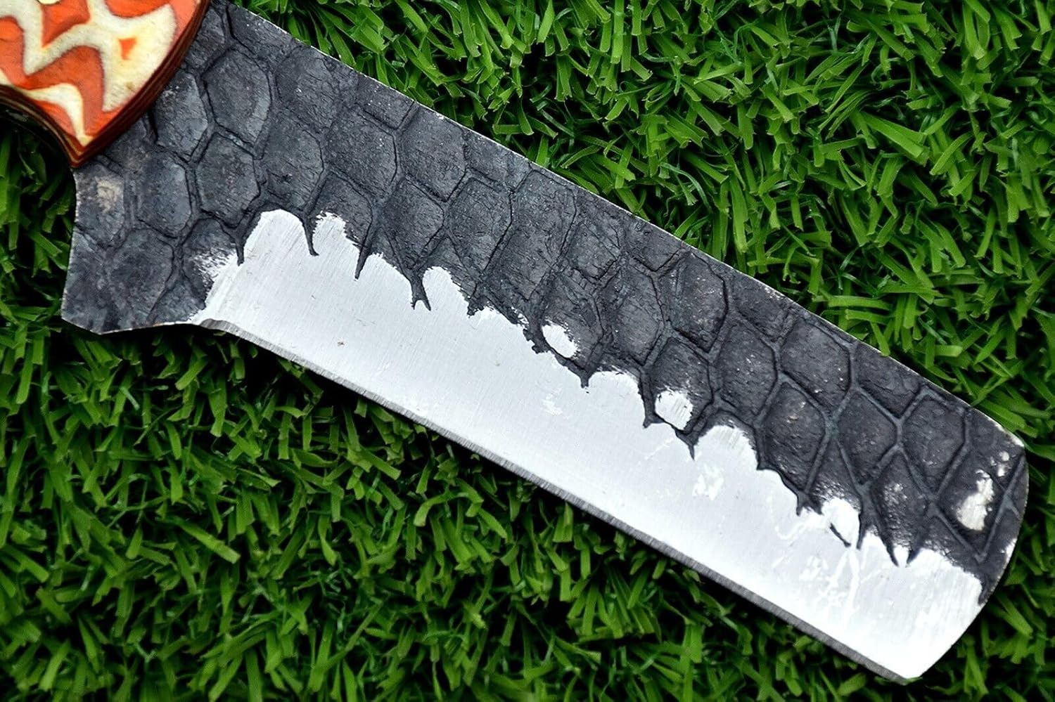 Generic 8.5 inches long tanto blade bull cutter knife, Hand forged Carbon steel blade with embossing, custom made jigged Micarta Multi color scale, Leather sheath with belt loops