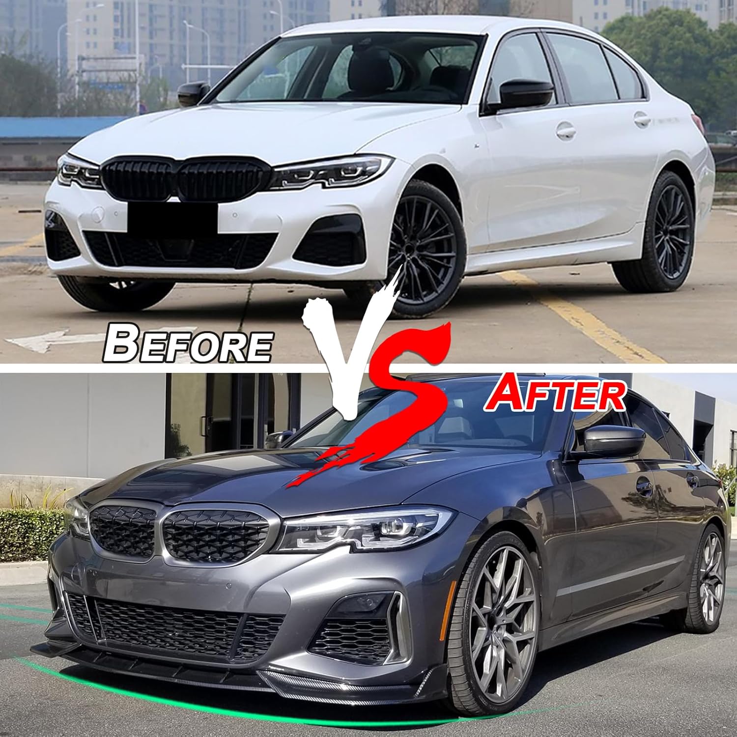 KHK Front Bumper Lip Spoiler for BMW 3 Series G20 M-Sport Bumper M340i 330i 2019-2022,Carbon Fiber Look ABS Air Dam Front Splitter Body Kit Accessories