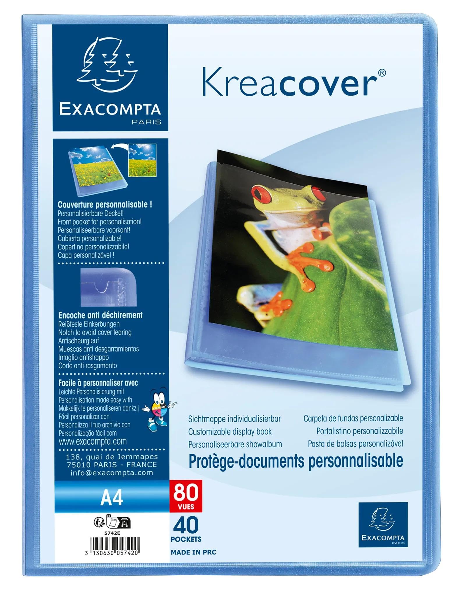 Exacompta 5742E 10er Pack Sichtmappe KreaCover Chromaline aus Kunststoff DIN A4 mit 40 Klarsichthüllen, 80 Sichten, Tasche am Vorderdeckel zum selbstgestalten, Aktenhülle, Prospekthülle, blau
