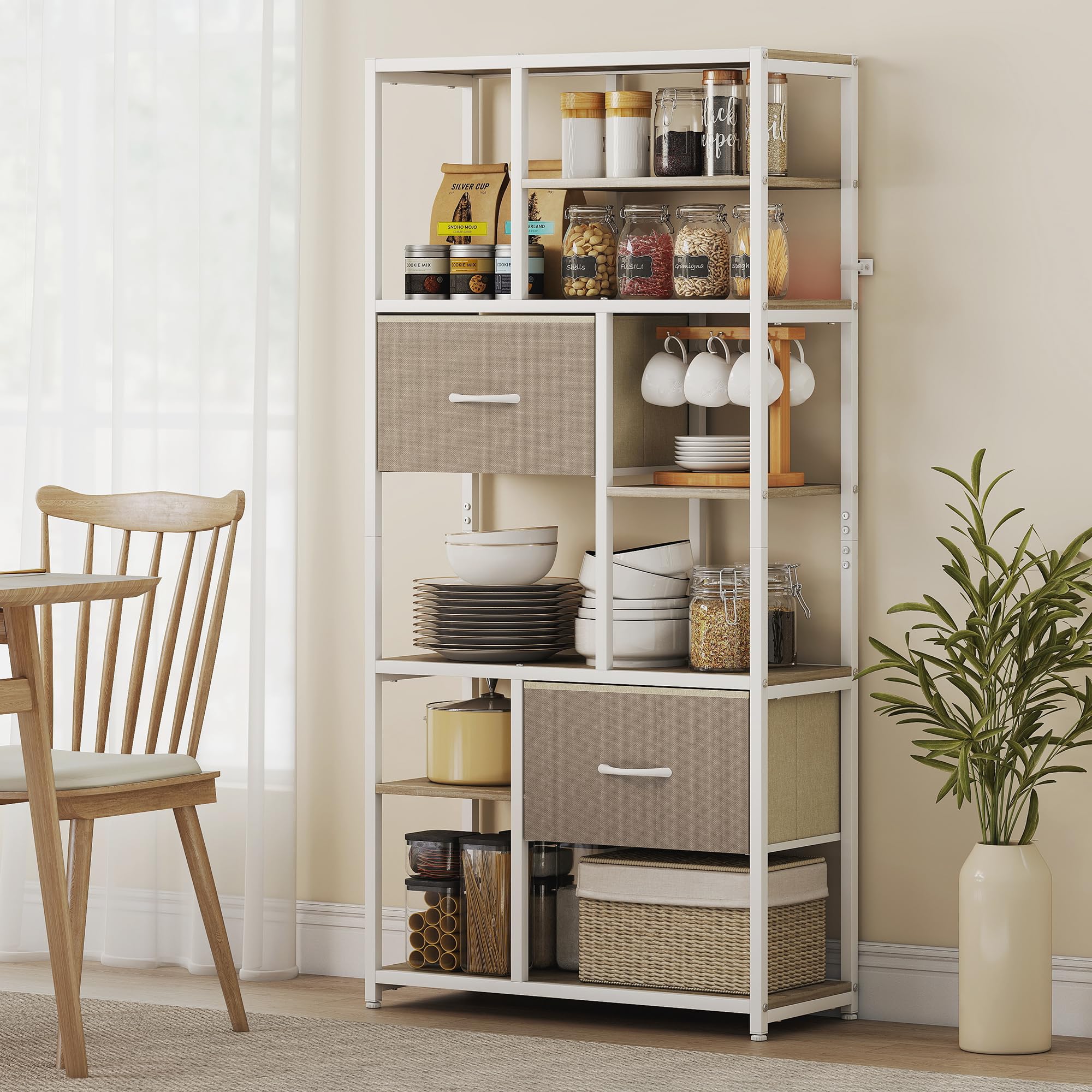 HOMCOM Mueble de almacenaje de 6 Niveles, librería con 2 cajones de Tela, 9 estantes Abiertos, Mueble de almacenaje con Estructura de Acero para salón, Estudio, Dormitorio, 72,5 x 30 x 150 cm,