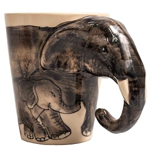 IYARA CRAFT 3D Elephant Mug 11oz Handcrafted Ceramic Coffee Cup with Sculpted Elephant Handle Microwave Dishwasher Safe Unique