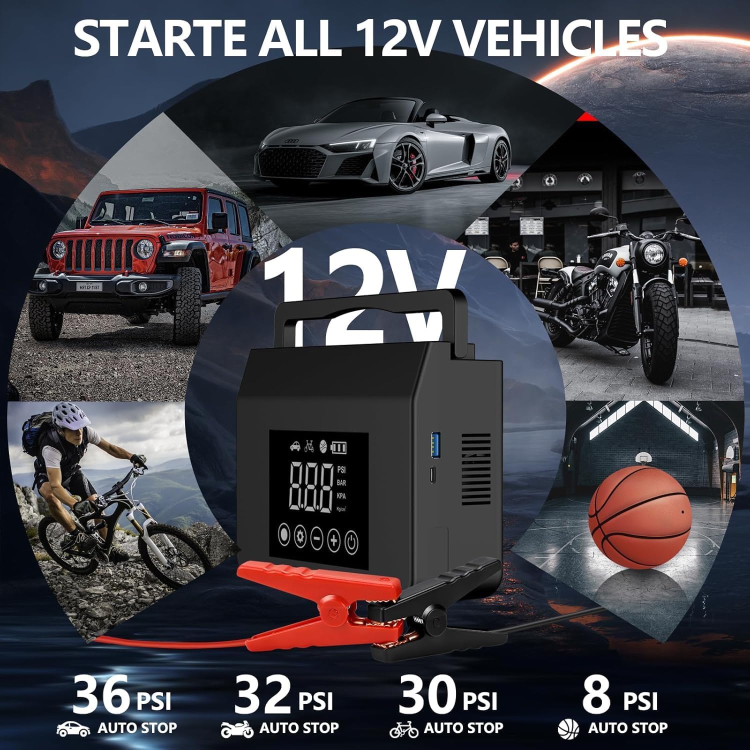 Jump Starter with Air Compressor, 4000A Car Battery Jump Starter(ALL Gas/8.0L Diesel) with 150PSI Tire Inflator 12V Car Battery Jump Power, 15000mAh PowerBank With LED Light, with Type-C Quick Charge.