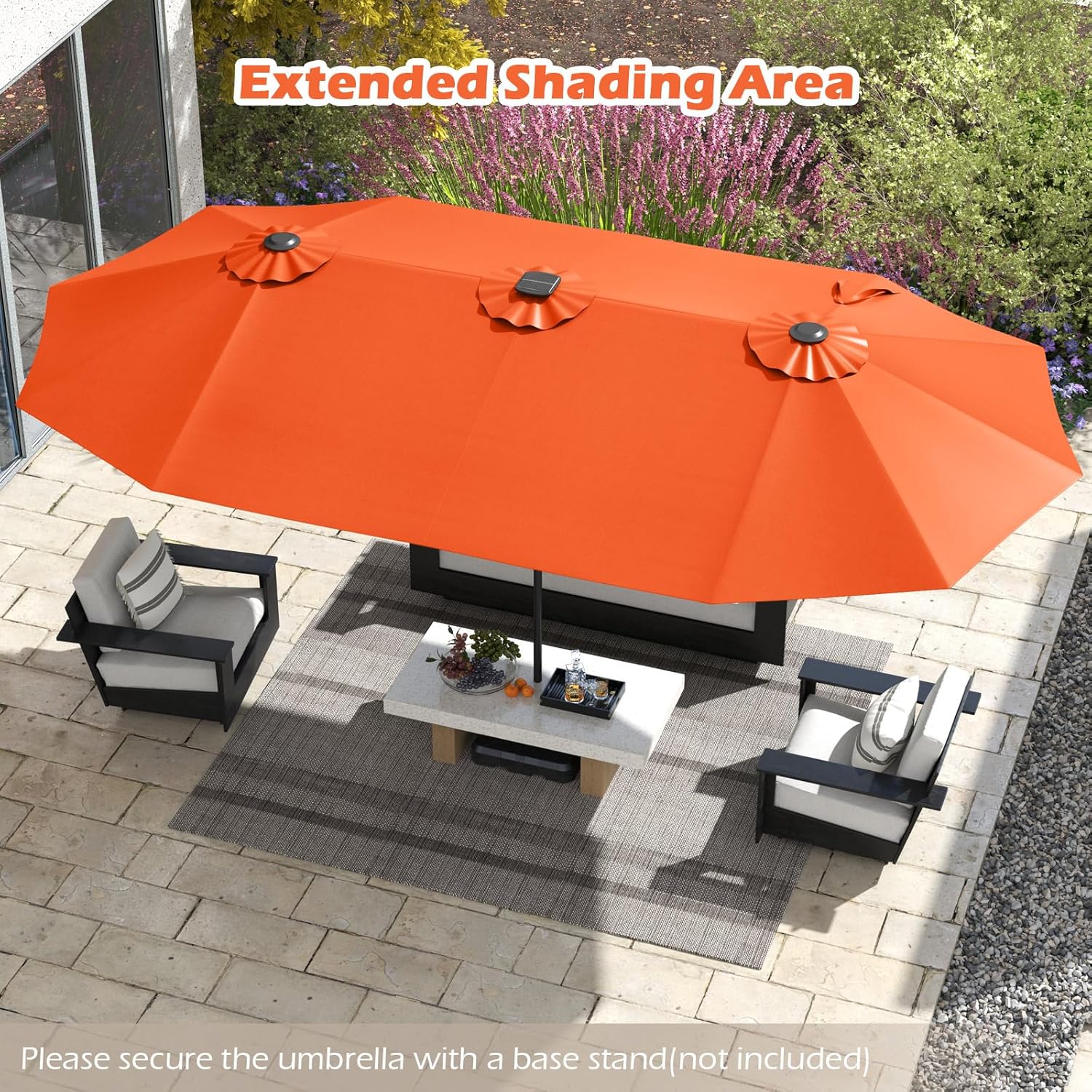 HAPPYGRILL 15.5 FT Double-sided Patio Umbrella with Solar Lights, Outdoor Twin Size Umbrella with Crank Handle & Heavy-Duty Ribs, Oversized Rectangle Umbrella for Garden Deck Poolside