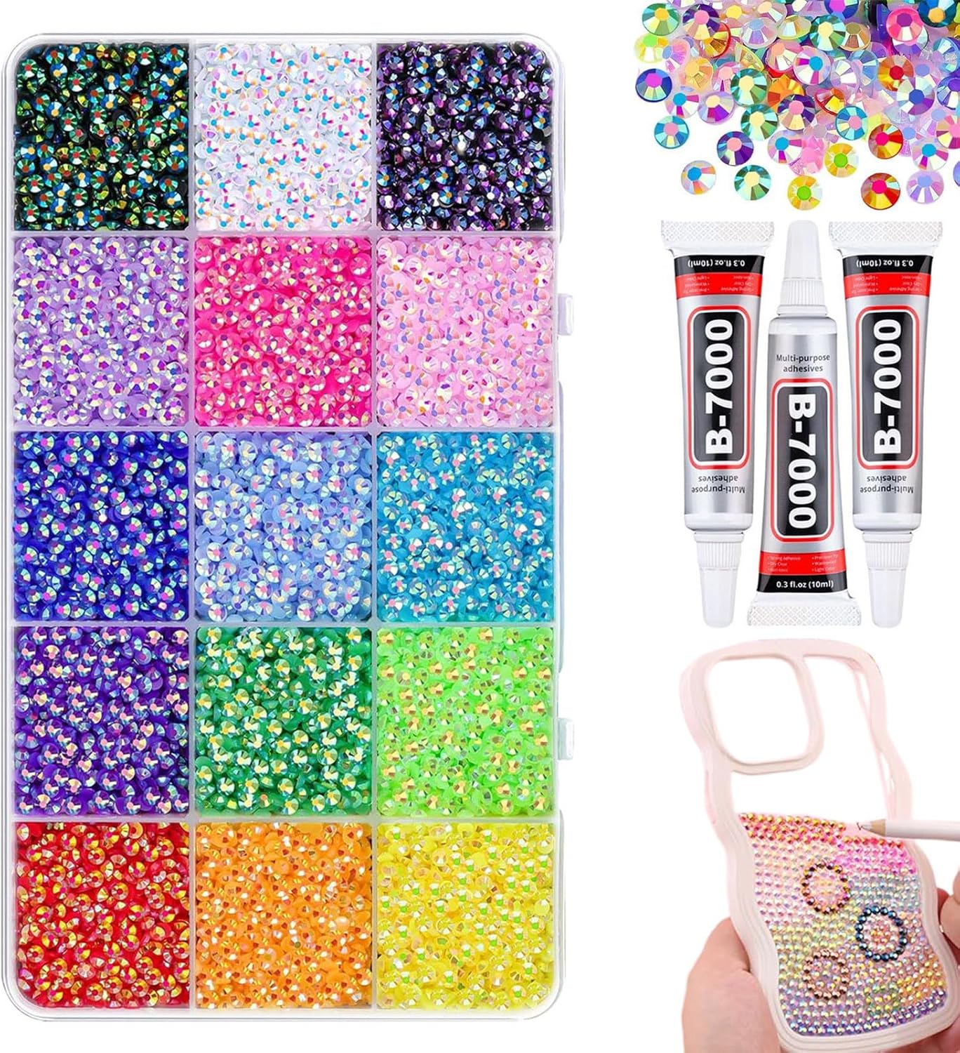 32000Pcs Resin Jelly Rhinestones for Bedazzling, Multicolor 3mm Flatback Gems for DIY Bedazzling, Diamond Art & Nail Crafts Kit with 3 Bottles 10ml B7000 Jewelry Glue