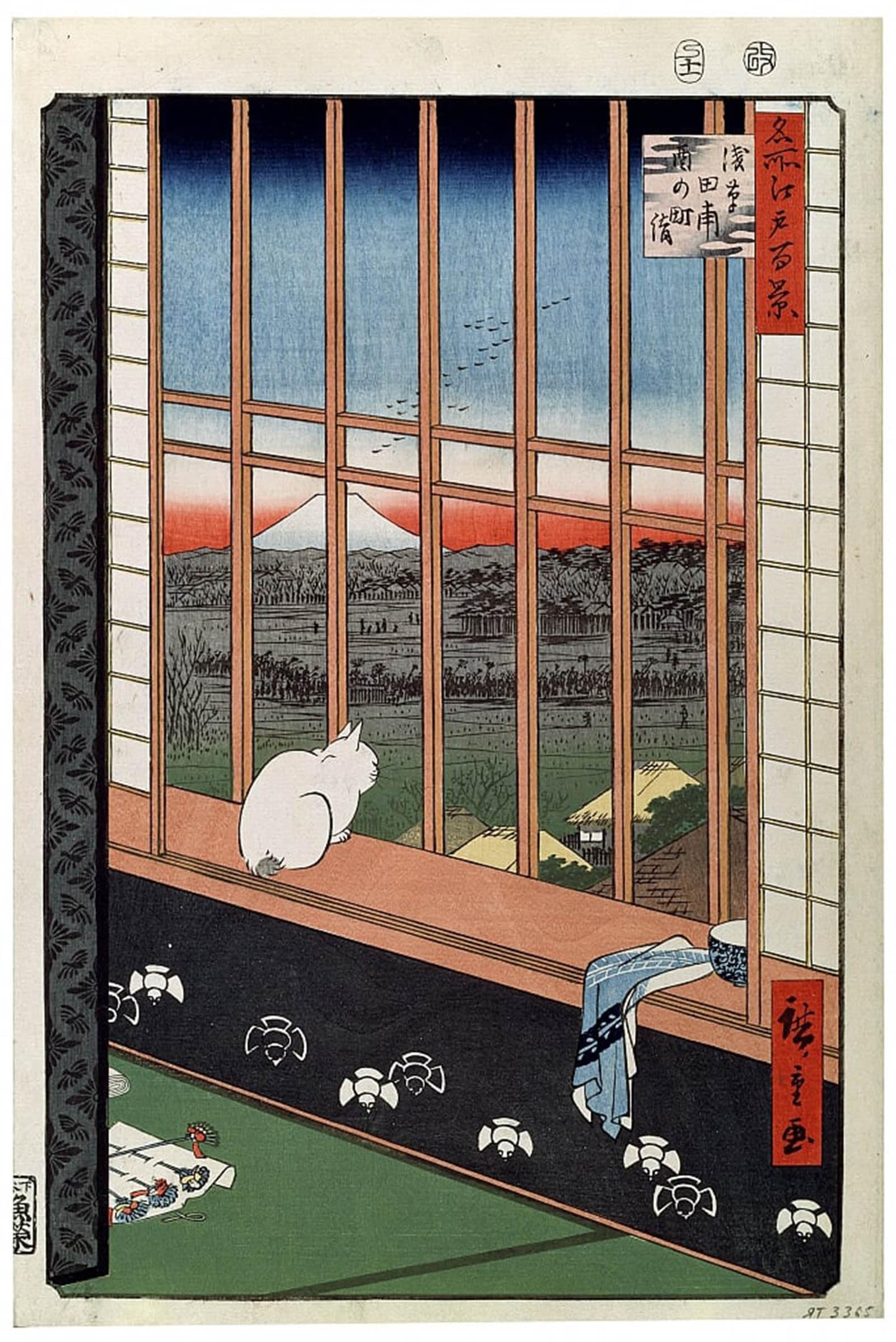 POSTERIIk Vintage Classic Picture Landscape Artwork a Cat Sitting on the Window Seat by Ando Hiroshige Portrait Canvas Painting for Office Home Decor 60x90cm