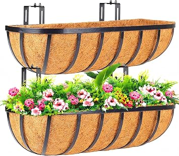 LCHUANG Railing Planter Window Box - 2 Pack 24 Inch Deck Balcony Rail Planter with Coconut Coir Liner, Fence Metal Hanging Flower Basket Deck Railing Planter Boxes for Outdoor Garden