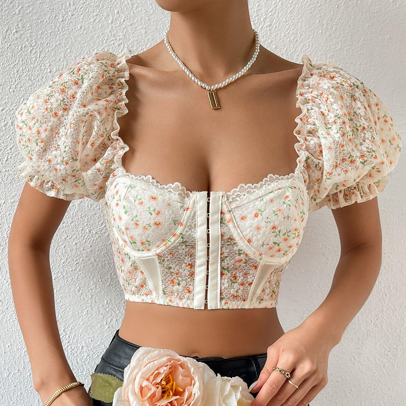 Camicetta Dirndl da donna, trasparente, bianca, elegante, con inserto in pizzo, corsetto elegante, maniche svasate, top corto avvolgente con camicetta in pizzo per lingerie