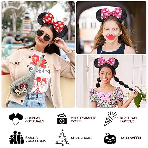 Miniatura 6 de Diadema de orejas de ratón, 2 piezas de diademas con lazo de lentejuelas para niñas y mujeres, decoración de fiesta de ratón y juego de roles de