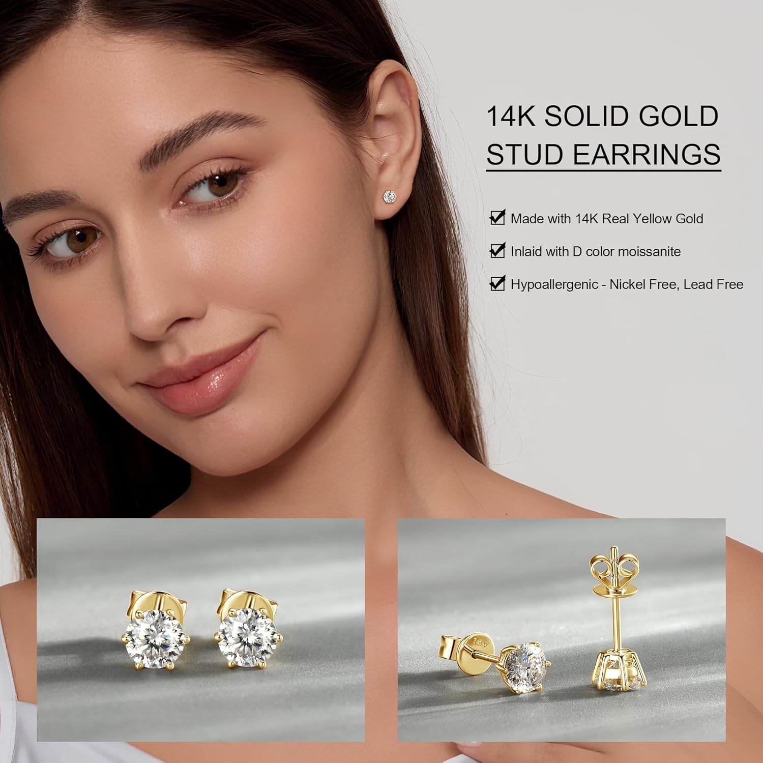 10K or 14K Solid Gold Studs Moissanite Earrings for Men | 1-2 Carat Round Lab Created Moissanite Simulated Diamond Real Gold Stud Earrings Screw Backs for Women
