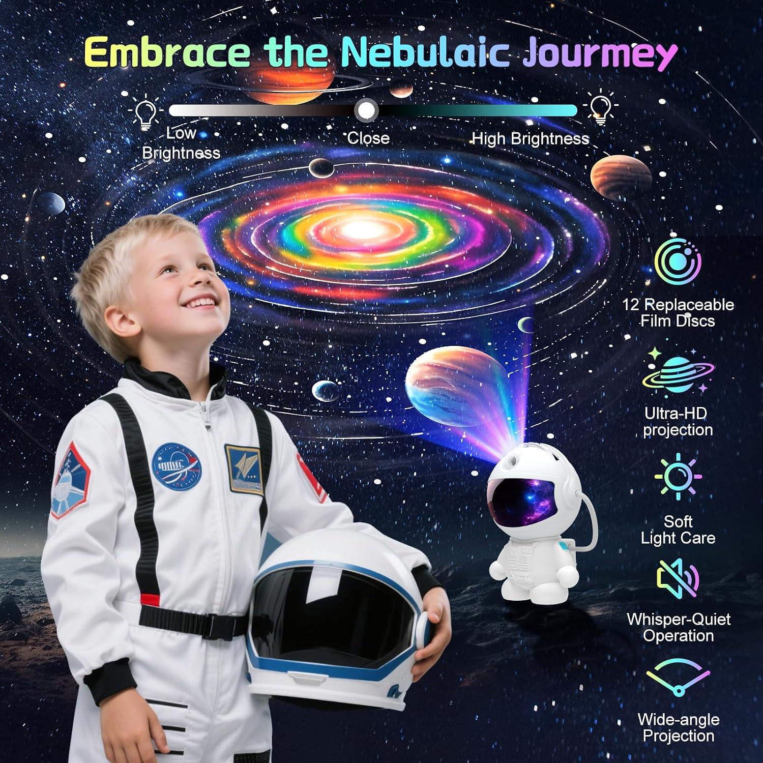 SHJQJJLBCQ Space Galaxy Night Light Projector, Ultra-HD Astronaut Design, 12 Film Discs, LED Display with Adjustable Brightness image 3
