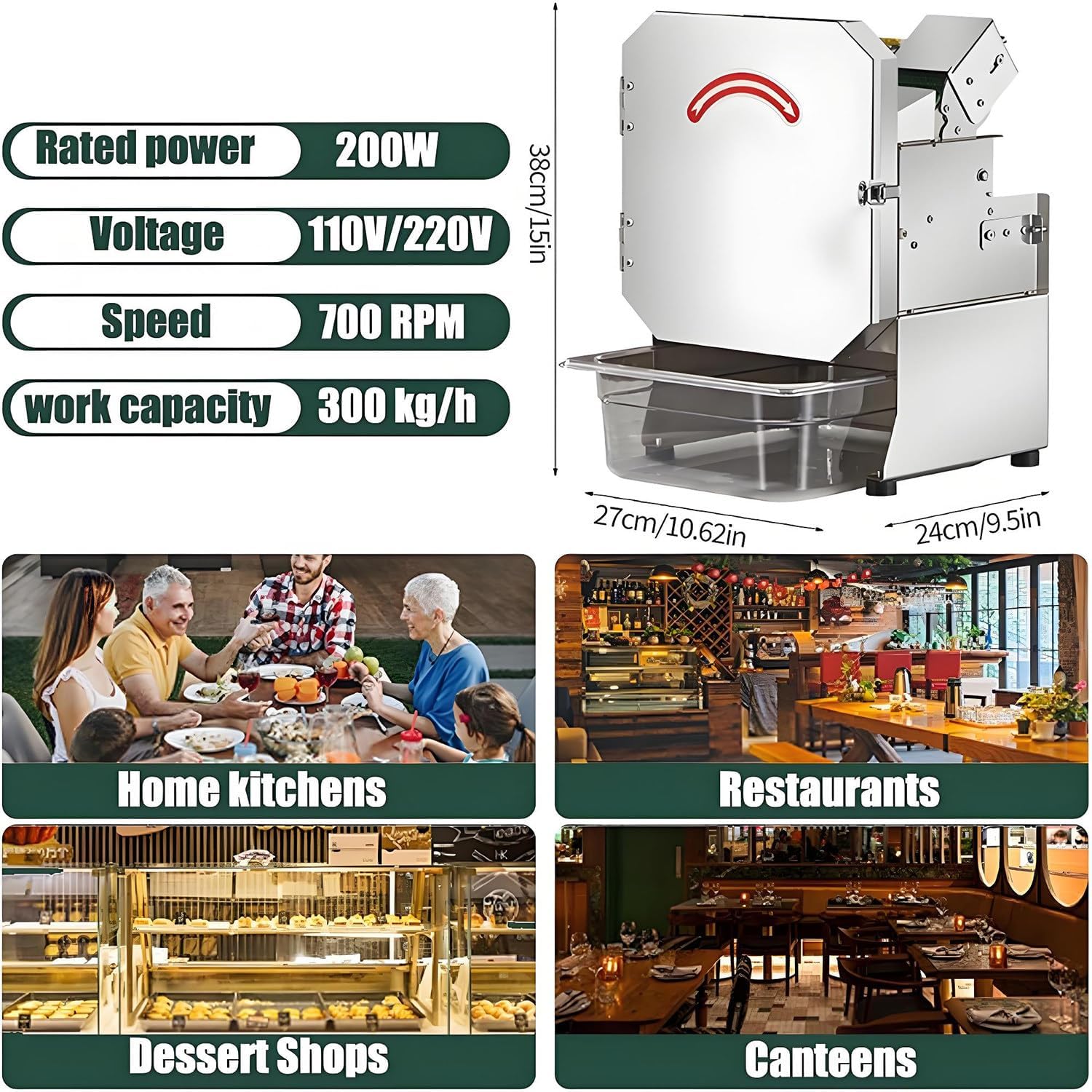 Cortador eléctrico de verduras, cortador de alimentos de 200 W con doble perilla, grosor ajustable de 1,3 a 35 mm, salida de 300 kg/h para cebollas, pepinos, tomates, cebolletas