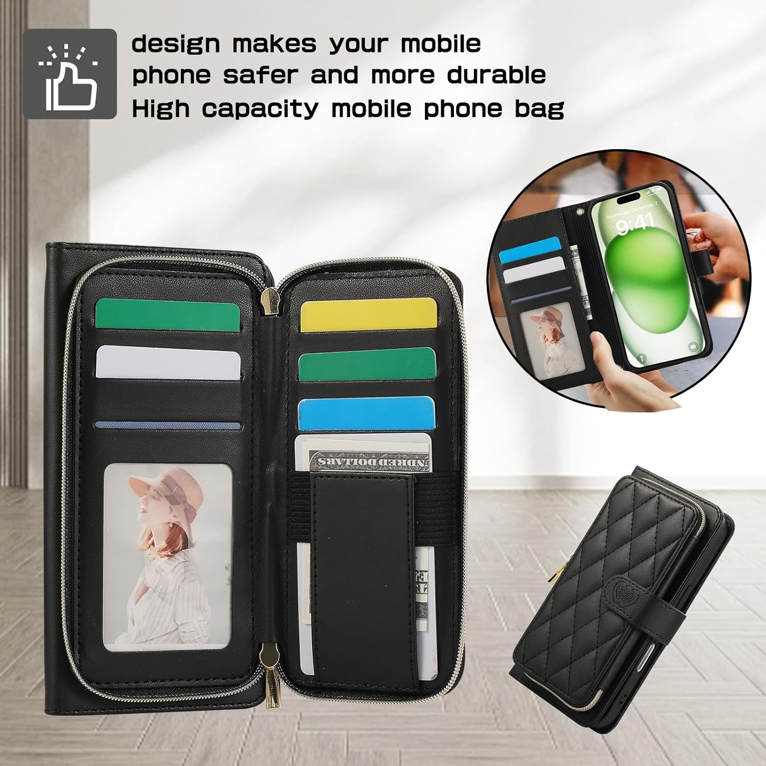 Flip Wallet Case for iPhone 16 6.1 inch with Zipper Card Holder & Shoulder Strap & Wrist Strap, Crossbody Purse Handbag Stylish Protective Cover for iPhone 16 -Black