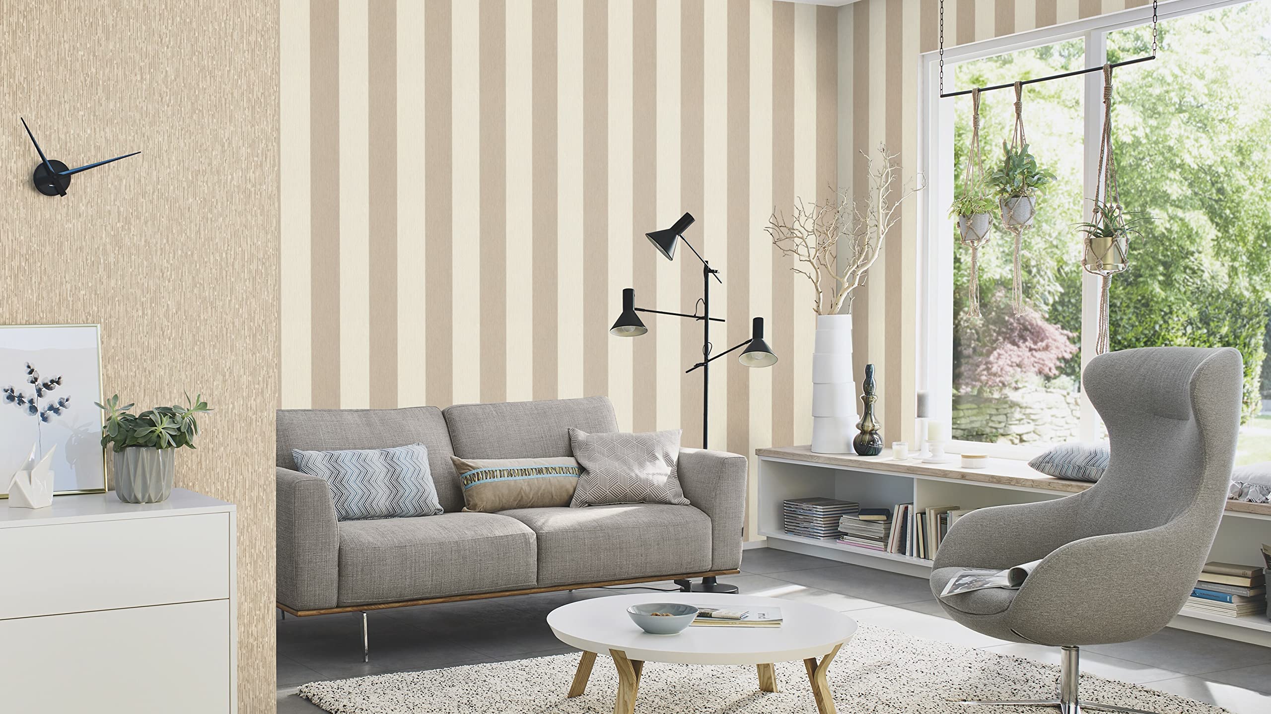 Rasch Carta da parati 844016 – Carta da parati in tessuto non tessuto con strisce in beige e bianco crema della collezione Perfecto VI – 10,05 m x 0,53 m (lunghezza x larghezza)