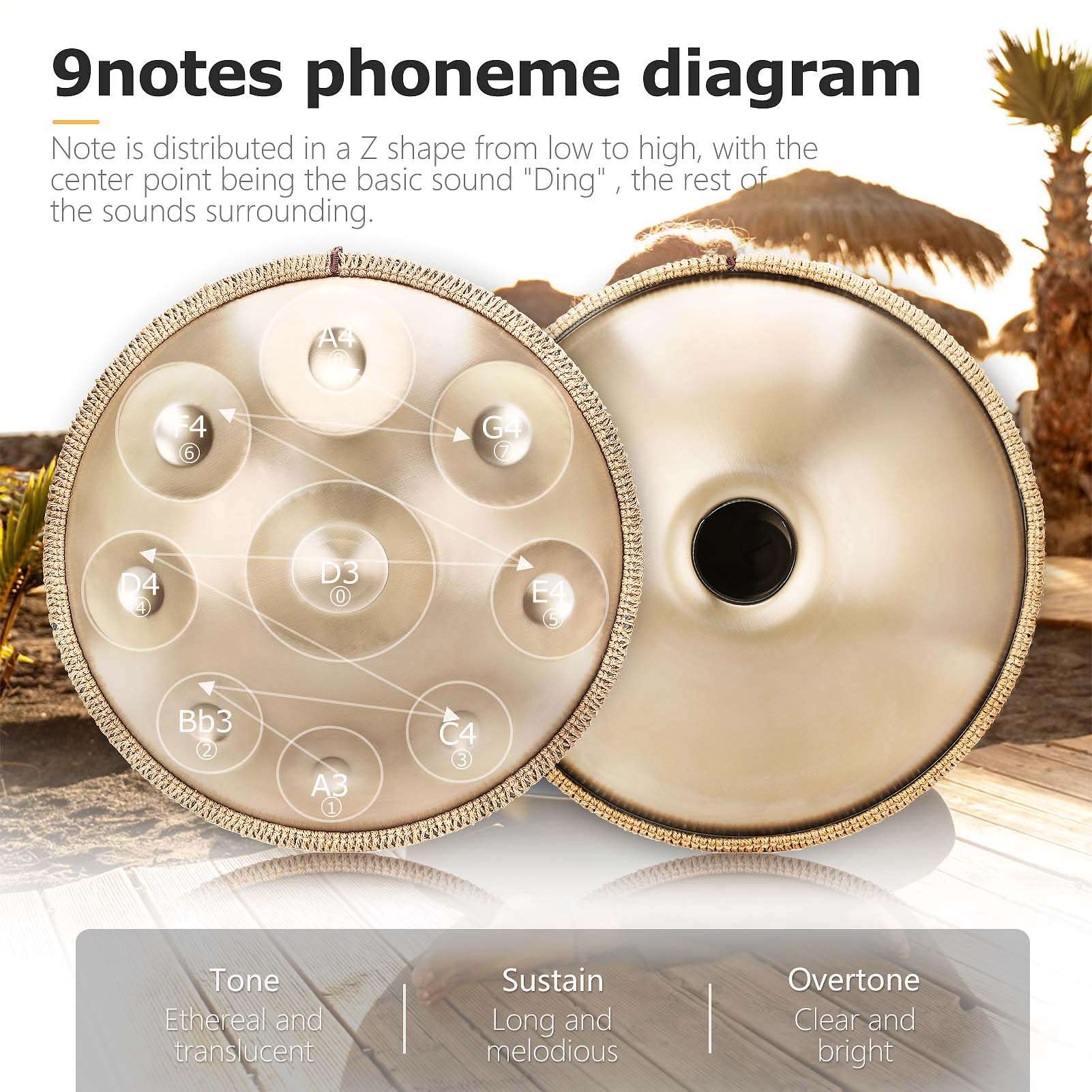 Handpan Drum, 22 Zoll 9/10/12/ Note 432/440 Hz Steel Tongue Drum in D-Moll Steel pan für Yoga-Meditation, Klangheilung (Gold, 9 Töne- 432Hz)