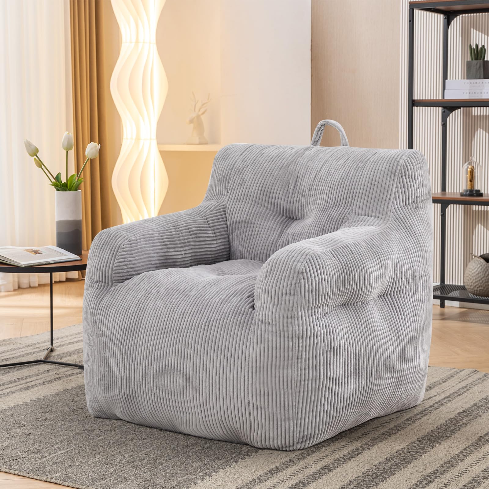 Lyon Sence Bean Bag Chair, Stuffed Bean Bag Chair, Foam Filled Bean Bag Chair, Big Bean Bag Chair with Filler for Living Room (Corduroy Fabric in Light Gray, 39.5