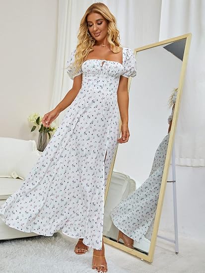 2022 Women's White Dress Summer Puff Sleeve High Slit Floral Print Dress  Casual Sexy Party Bech Dress : Amazon.co.uk: Fashion